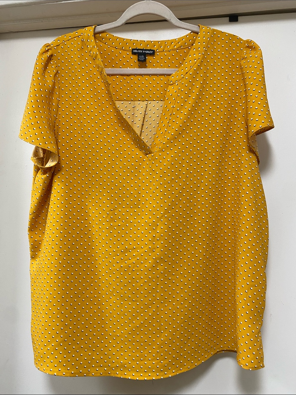 Hilary Radley Mustard Yellow Polka Dot V-Neck Short Sleeve Top